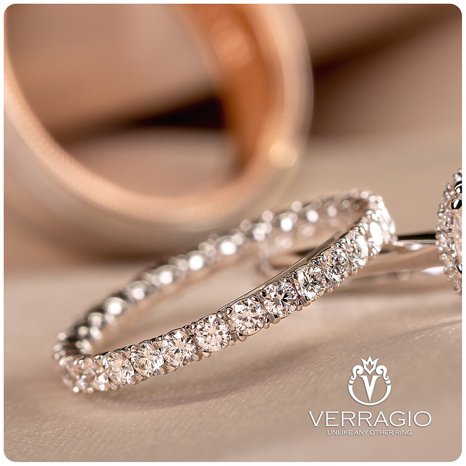 closeup of verragio diamond encrusted wedding ring