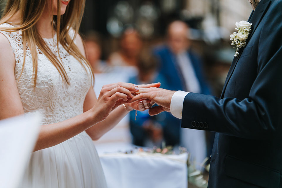 a couple exchanging rings during their wedding ceremony